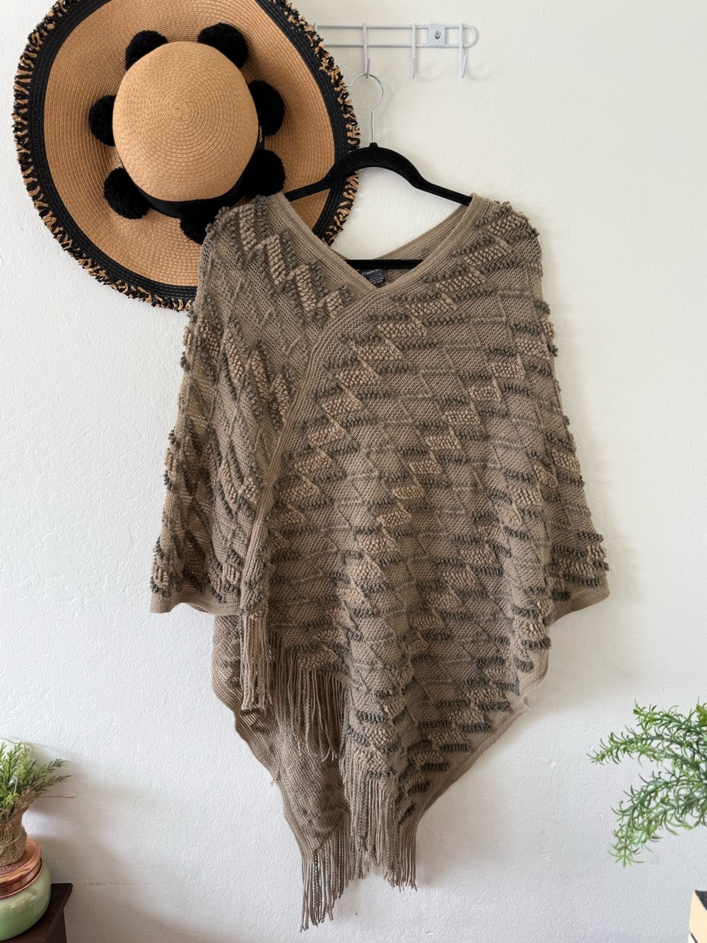Venice Blue Boho Textured Knit Poncho Sweater Topper Fringe One Size